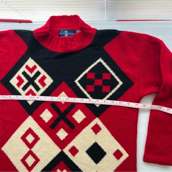David Jones 100% Lambswool Knit Sweater Jumper Red Argyle Vintage Style L/XL - Picture 11 of 12